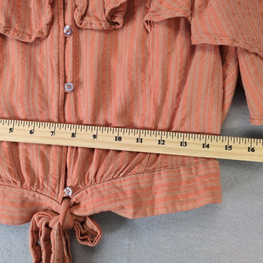 Free People Orange Striped Peasant Crop Top Button Up Shirt Womens M Ruffle Tie - Picture 7 of 10
